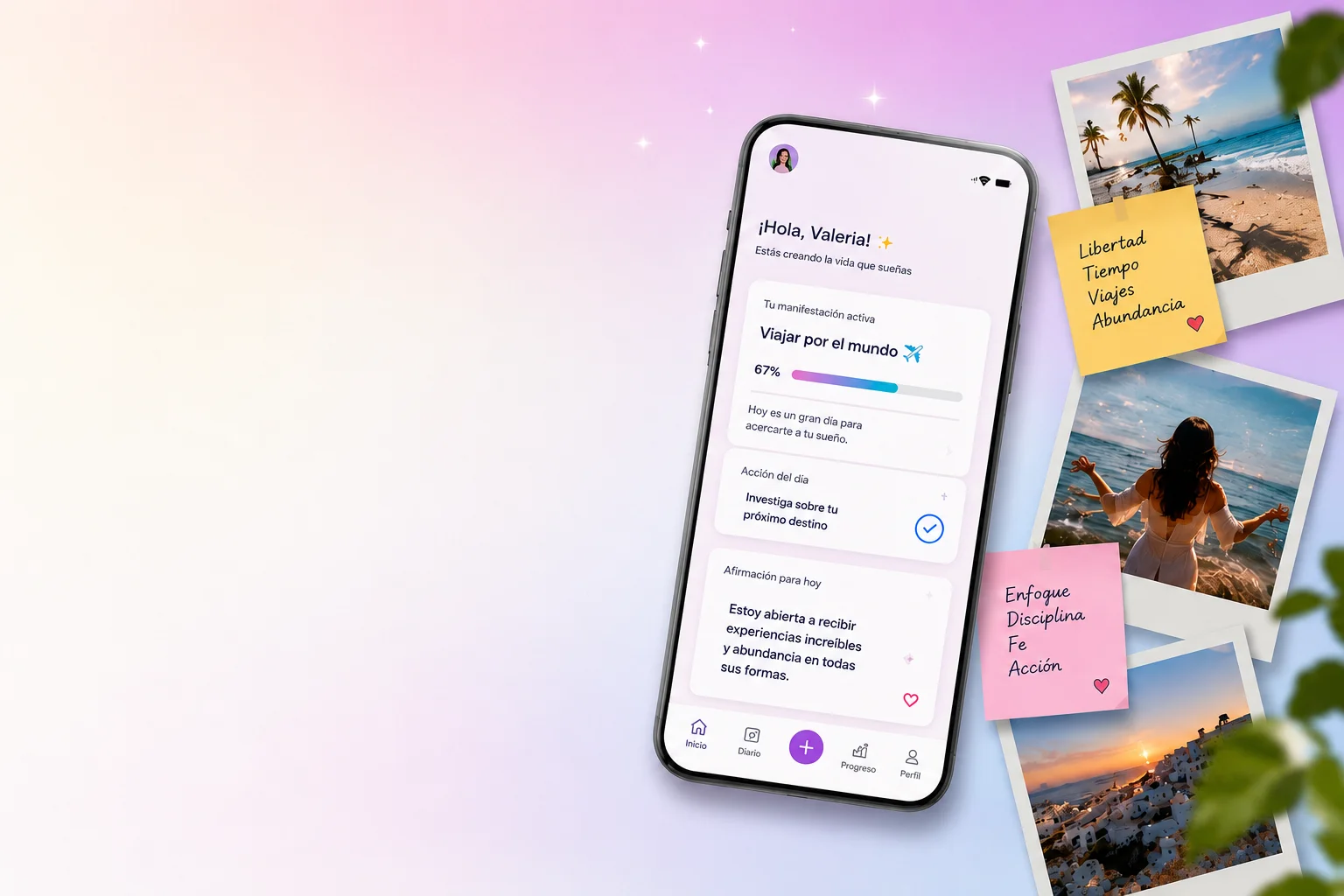 App de manifestación en celular con polaroids